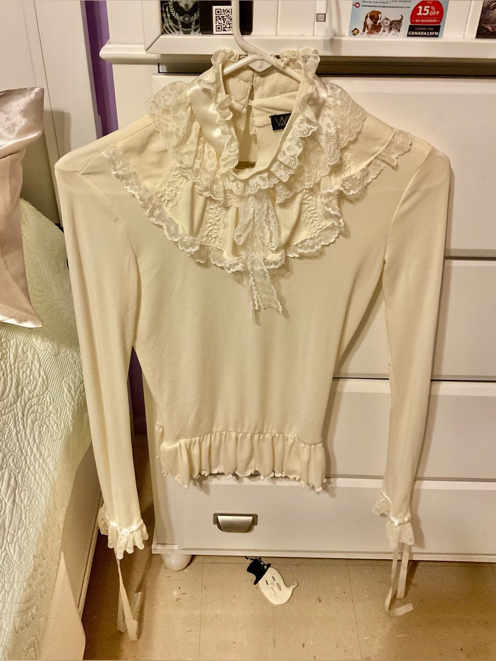 Widow Ruffle Lace Neck Cream Long-Sleeve Top